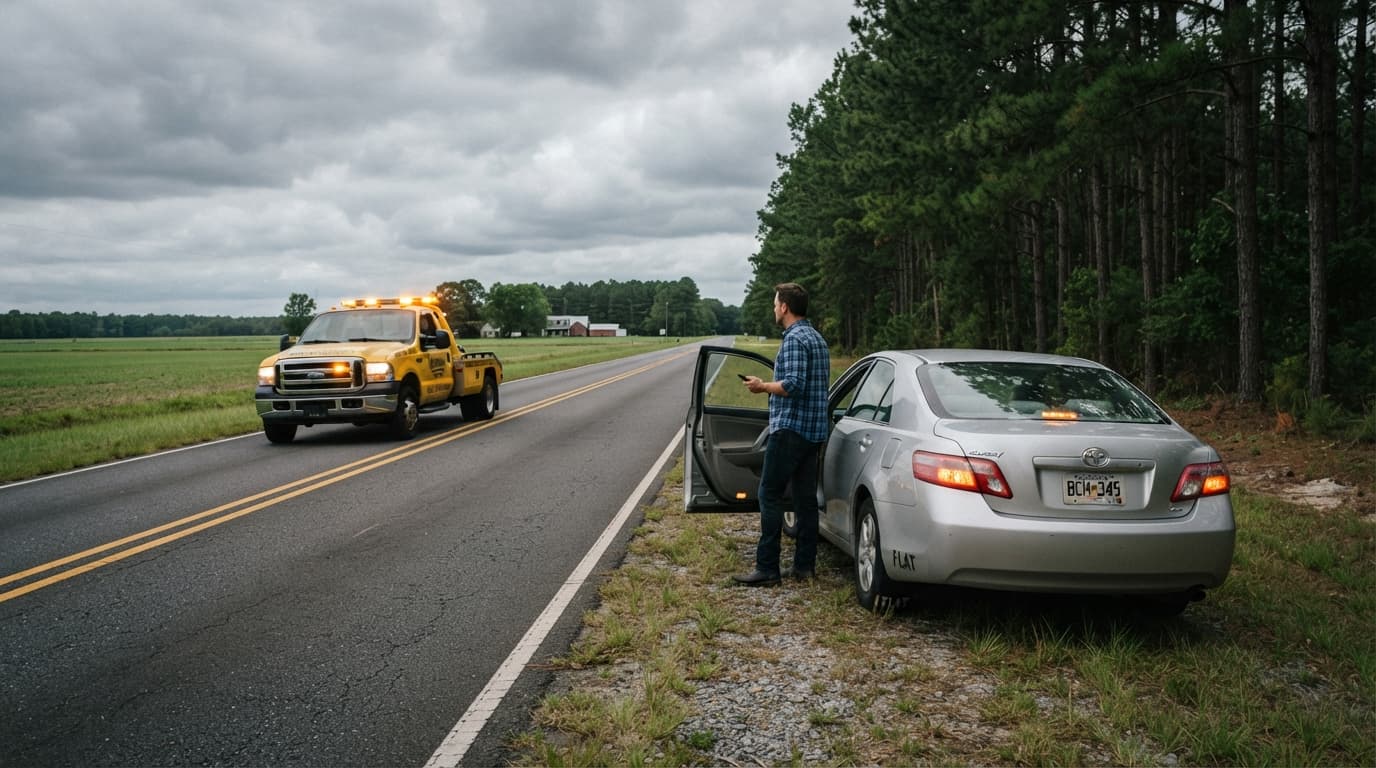 Tow truck and disabled car receiving roadside assistance in Waycross Georgia